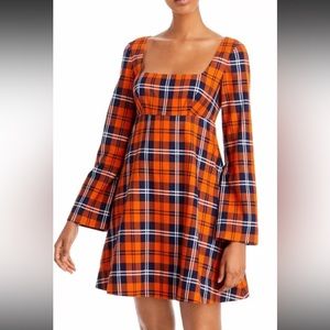 NWT STAUD Women's Beth Poppy Orange & Blue Plaid Square-Neck Long Sleeve Dress